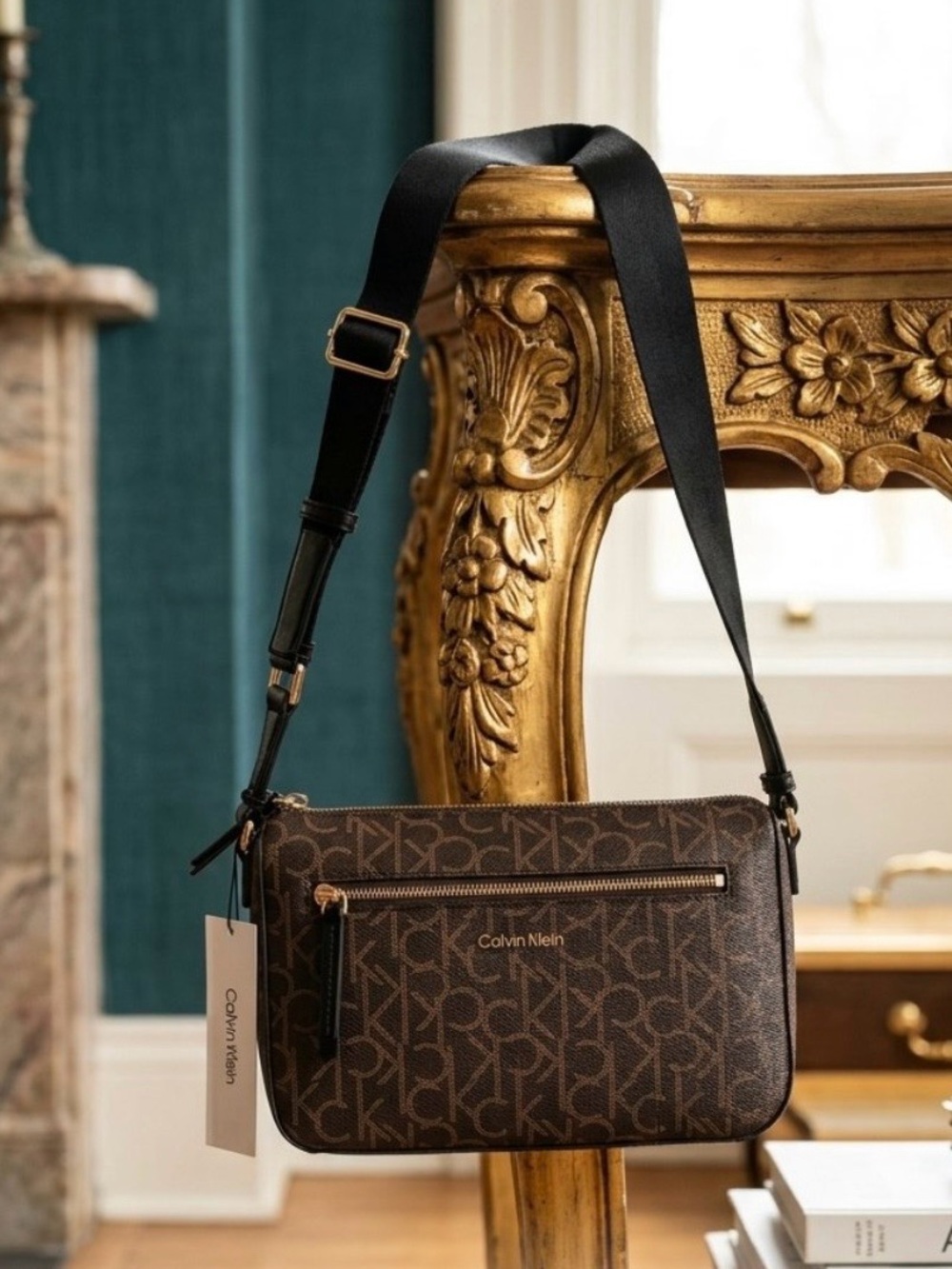 Calvin Klein Brown Monogram Messenger Bag with Black Strap